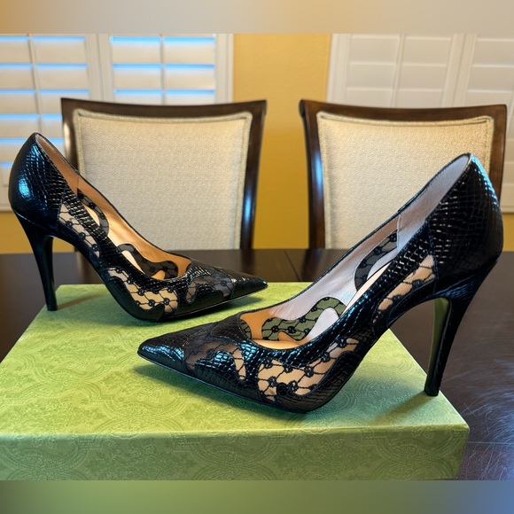 New Gucci Calf Leather Python Print GG Logo High Heels Shoes Size 37 / US 7 - Picture 12 of 16